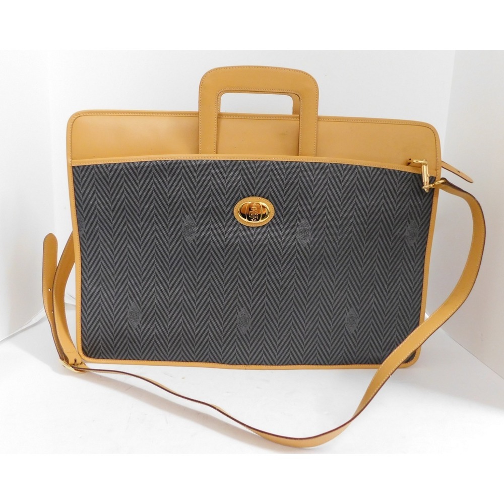 Mark Cross Vintage Herringbone Chevron Logo Coated Tan Leather Briefcase
